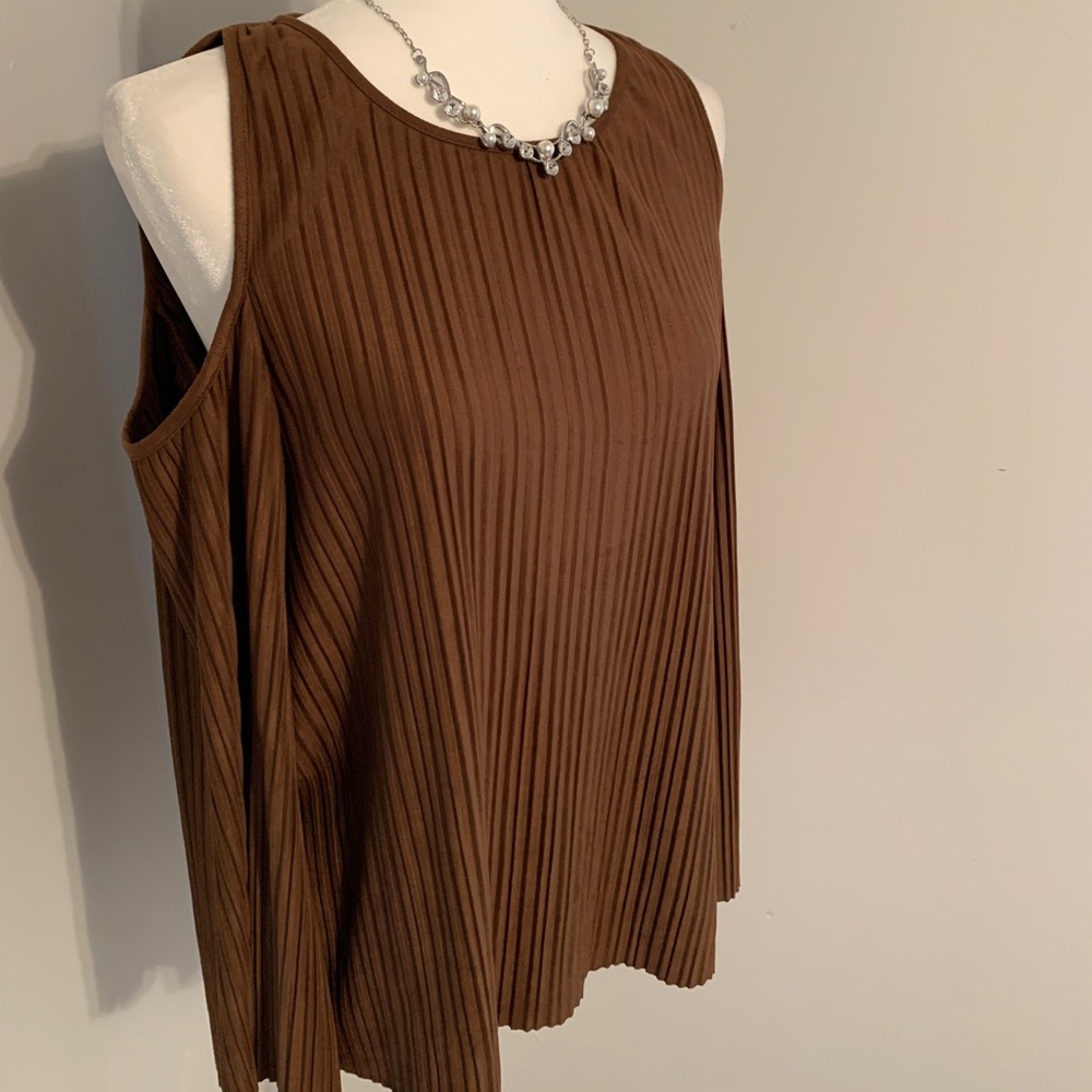 Chico Brown Pleated Faux-Suede Cold Shoulder Top - Picture 3 of 8